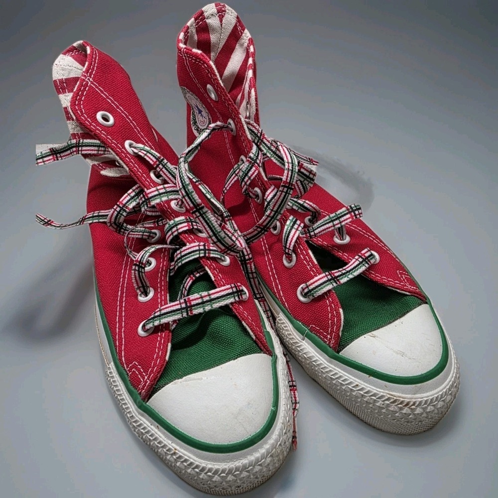 Vintage Converse All Star Christmas High Tops Plaid Laces Bells USA Size 4